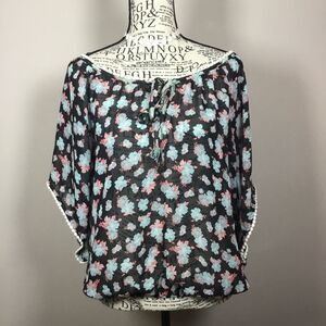 Sheer cover up top crochet hem black with floral beach summer vacation XL